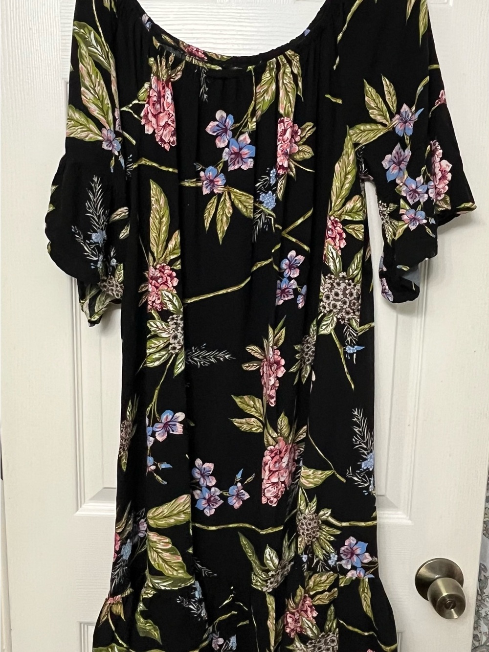 Black Floral Women’s Dress with Bell Sleeves